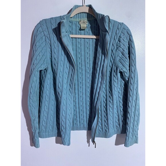 LL Bean Cardigan Sweater Womens L Blue Cable Knit Warm Preppy Outdoor Full Zip - Picture 2 of 15
